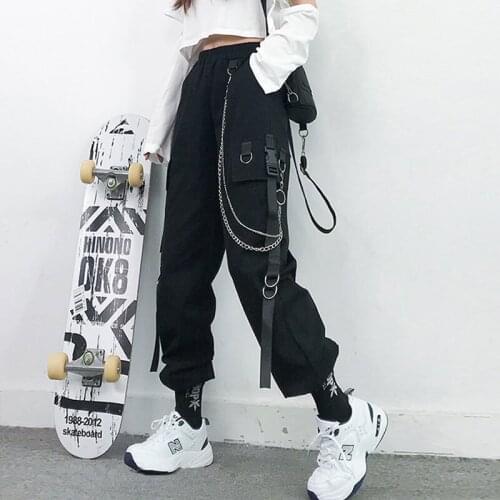 Women Cargo Pants 2021 Harem Pants Fashion Punk Pockets Jogger Trousers with Chain Harajuku Elastics High Waist Streetwear D36