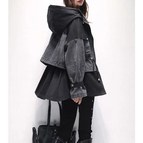 2021 Autumn Fashion Female Clothing Zipper With Hood Splicing Trench Coats Jeans Jacket Women All-match Loose Long Sleeve Waist