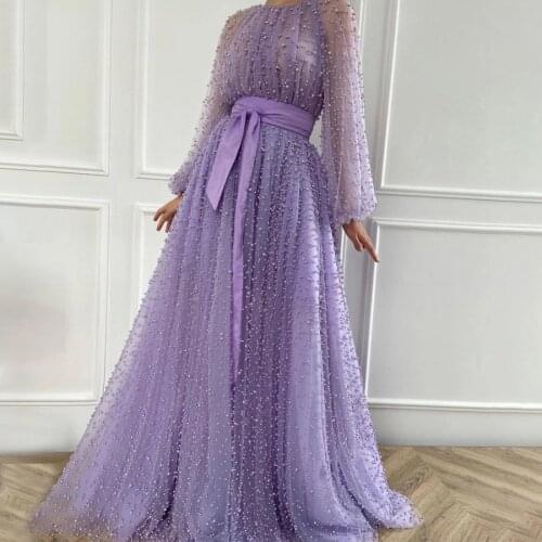 Gather O-neck Long Sleeves Two Design Long Short Pearl Crystal Prom Dress with Sash Elegant See Through Evening Dress