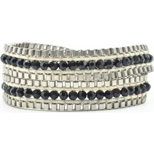 2 Layers Faceted Black Crystal Wrap Leather Bracelets for Women Zinc Alloy Chain Wrap Bracelet Natural Stone Fashion Jewelry