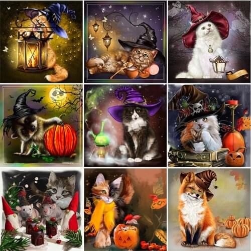 Cartoon Cat Diamond Painting Halloween Art Embroidery Crossing Diy Magician Animal Mosaic Art Cross Stitch Home Decoration