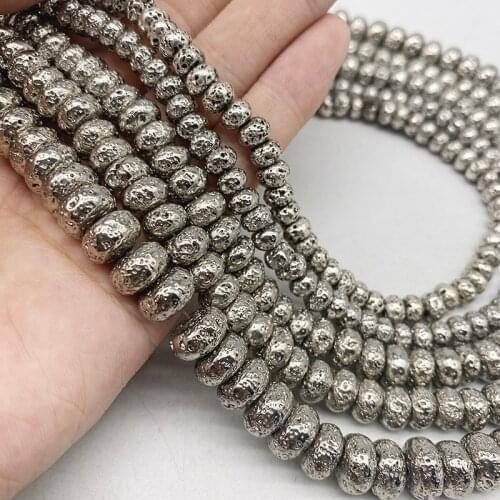 White Gold Lava Natural Stone 6/8/10MM Silvers Flat Round Hematite Loose Beads For Jewelry Bracelets Necklace Making DIY