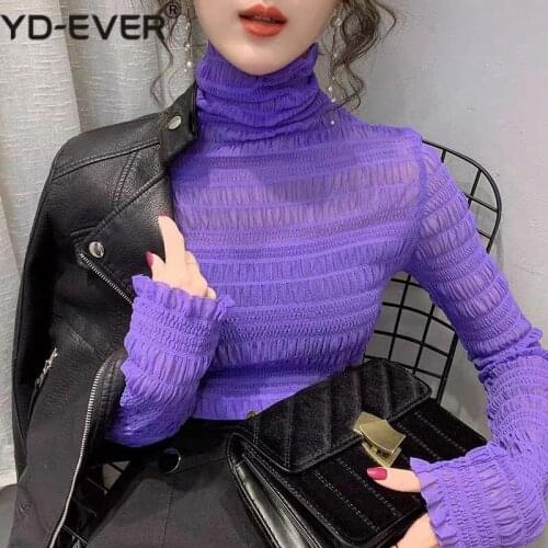 Women Fashion Mesh Blouse Shirts Ladies Spring Summer Sexy See-through Long Sleeve Elastic Blouses Elegant Fold Puff Sleeve Tops