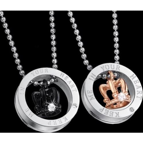 Engraved "Keep me in your heart" His & Hers Stainless Steel Queen King Crown Crystal Valentine Pendant Necklace for Men Women