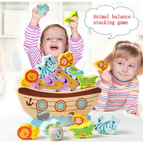 Wooden Toys Cartoon Animal Building Block Balance Game,Childrens wood Jenga, Baby Models Building Educational Training blocks