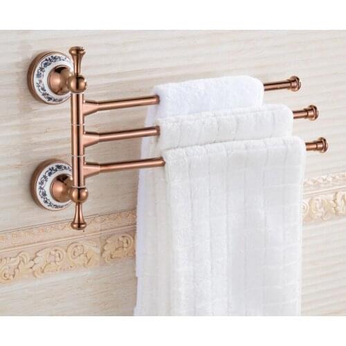 Bath Hardware Brass Foldable Movable Rotatable Bath Towel Bar Bathroom Towel Rack Wall Mount Towel Holder 3 Bars Gold/Rose Gold