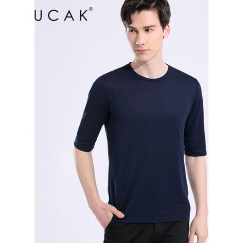 UCAK Brand Classic Solid Color O-Neck Three Quarter Silk T Shirt Men Clothes Summer Streetwear Casual Tshirt Male Homme U5618