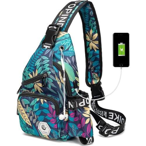 Cross-border canvas chest bag men and women USB multi-function messenger bag fashion trend outdoor small backpack