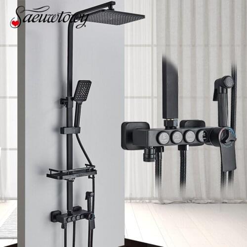 Matte Black 4 Functions Shower Faucet Bathroom Rotate Bath Tub Bidet Shower Push Button Hot/Cold Water Rainfall Head Mixer Tap