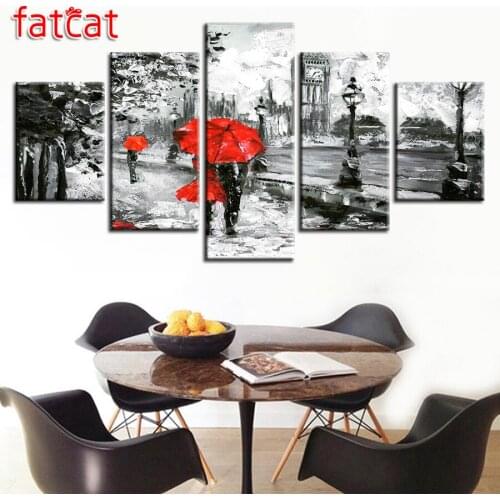 FATCAT Diy Diamond Painting 5 Pieces Red Umbrella Lover London Street Rain View full Drill Diamond Embroidery Sale Art AE820