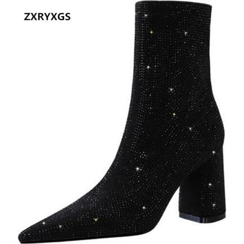 2021 New Autumn Winter Banquet Short Boots Was Thin Sexy Pointed High Heel Shoe Suede Shiny Rhinestone Fashion Boots Women Boots
