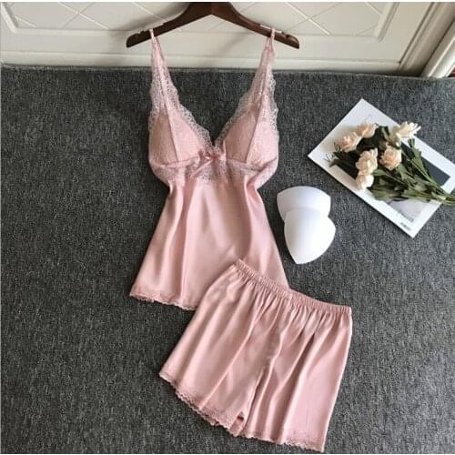 Sexy Lace Satin Silk Pajama set Halter top Shorts Sleep Night set Summer Sleepwear Home Suit pijiamas homwear pajamas set