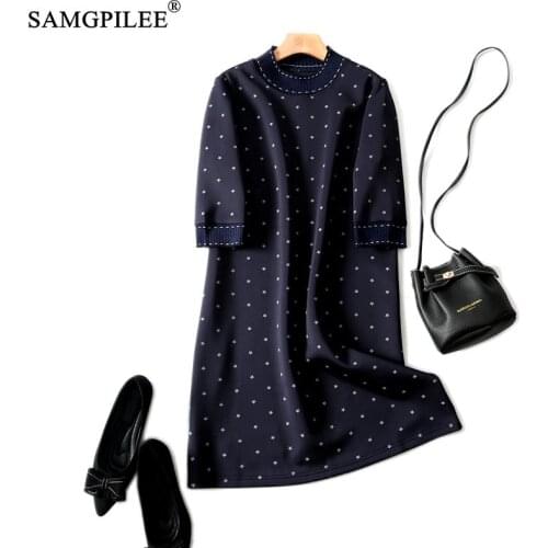 Dresses For Women 2021 Office Lady Korean Style A-line Print Three Quarter Sleeve Plus Size Empire O-neck Winter Dress Woman 4XL