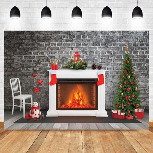 Laeacco Christmas Backdrop Indoor Brick Wall Fireplace Tree Gift Baby Birthday Photography Photo Background For Photo Studio