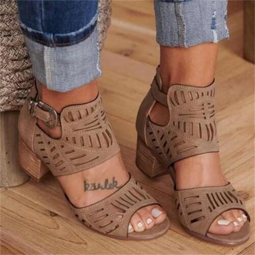 2020 New Women Sandals Summer Mid Heel Casual Sandals Open Toe Hollow Out Ladies Pumps Slip-on Buckle Back Zipper Women Shoes