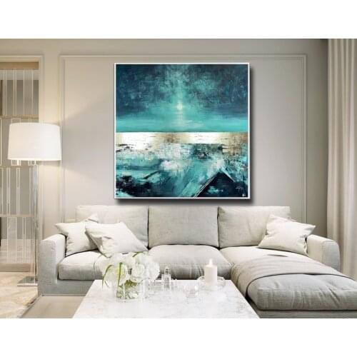Soft Dance Large Abstract Painting Square Living Room Art Teal Blue Gold Turquoise Original Painting Modern Art Home Decor