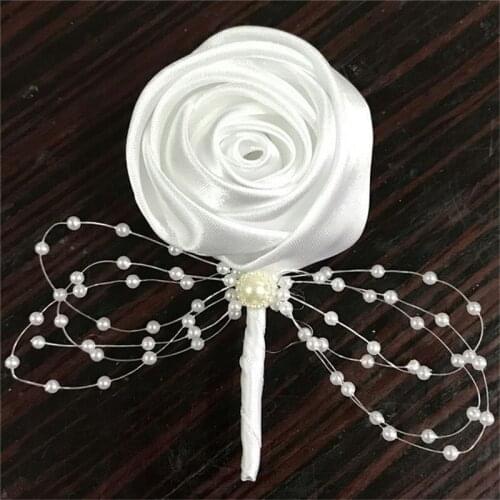 Bridal Wedding Groom Corsage Pure White Satin Roses Flowers Buttonhole best for Men Pin Brooch Artificial Flower XH0673
