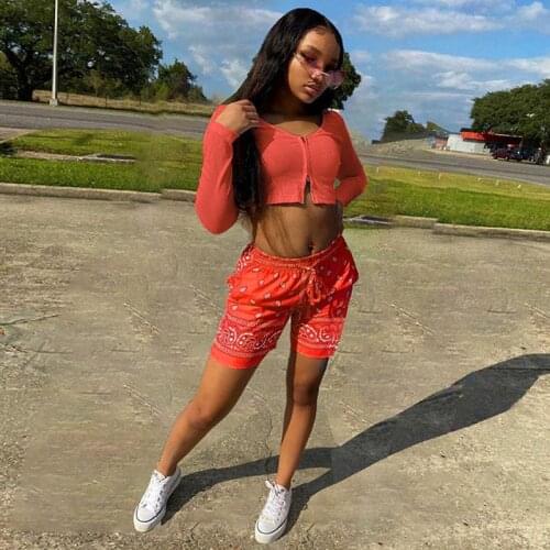 Echoine Zipper Crop Top Long Sleeve Vintage Print Shorts Set Suit Women Casual Sexy Tracksuit Matching Set Outfits Streetwear