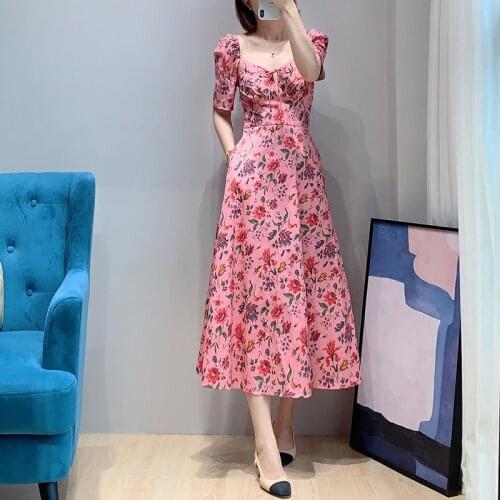Grarden Lover Vintage Floral Print Puff Sleeves Folded Cotton Dress UK6-14