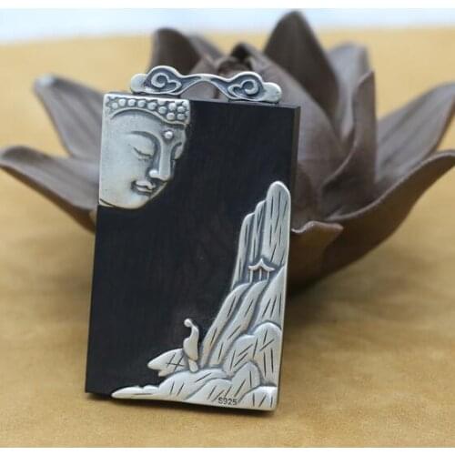 Vintage 925 silver Buddha Statue pendant vintage thai silver Buddha Amulet pendant Real Silver Black Sandalwood Buddha Pendant