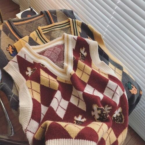 Vintage Contrast Argyle Knitted Sweater Vest Womens Autumn Winter V-neck Slim Plaid Sleeveless Crop Top Korean Loose Streetwear