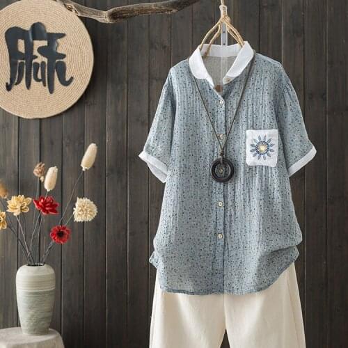 Pink Shirt Blouse Women Loose Cardigans Single Breasted Cotton Tops Blusas Mujer 2021 New Floral Printed Short Sleeve Clothes