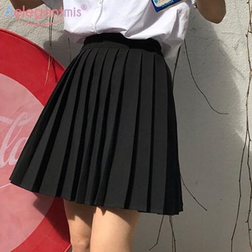 Aelegantmis Solid Pleated Skirt Women Lolita Style High Waist Short Skirts Oversized Korean Plus Size Mini Black Skirt Student