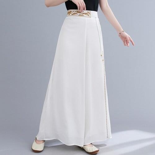 Women Summer Chiffon Casual Pants New Arrival 2021 Arts Style Vintage Embroidery High Waist Loose Female Wide Leg Pants B290