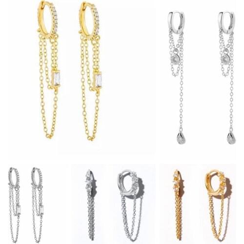 925 Sterling Silver Double Chain Earrings for Women Simple Gold Silver color Huggies Hoop Earrings Fashion Jewelry Wholesale