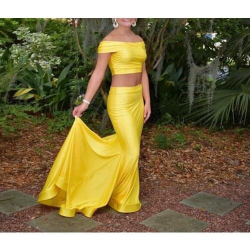 Vintage Long Mermaid Off Shoulder Yellow Evening Dresses Two Pieces Zipper Back Spandex Abendkleider Robes De Soirée for Women