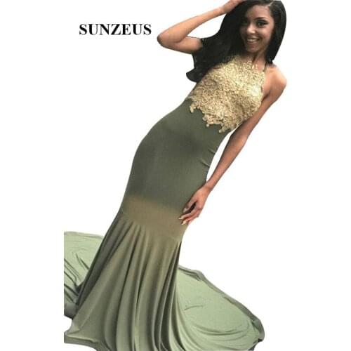 Mermaid Halter Neck Long Prom Dress With Gold Appliques Black Girls Sweep Train Party Gowns Gala Jurk