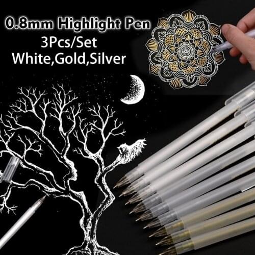 3PCS Premium White Gel Pen Set 0.8mm Fine Tip Sketching Pens for Artists Black Papers Drawing Design Illustration Art Supplies