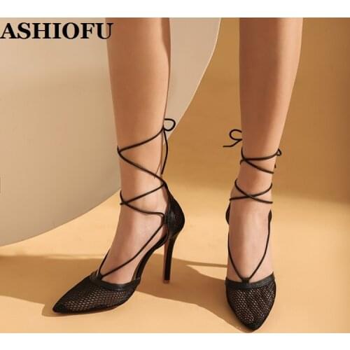 ASHIOFU New Hot Ladies 10cm High Heels Sandals Shoelace Pointy Party Prom Dress Shoes Stiletto Real-pics Fashion Evening Shoes