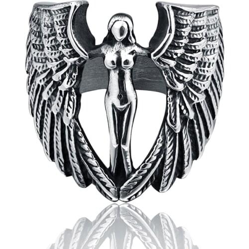 Stainless Steel Angel Rings Fashion Motorcycle Casting Retro Mens Angel Wings Ring Biker Rock Punk Ring
