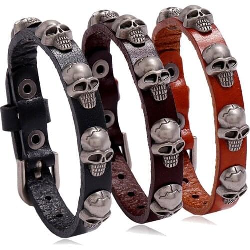 Hot New Punk Style Skull Head Leather Bracelet Personality Trend Male and Female Student Jewelry