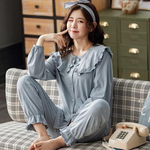 Autumn New Pajamas Womens Cotton Long-Sleeved Lapel Spring V-neck Loose Sleepwear Turn-down Collar 2 Piece Set Winter Nightwear