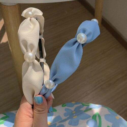 Korean Pearls Headbands For Women Girls Sweet Blue Pearl Temperament Sweet Girl Heart Hairband Bezel Hair Hoop Hair Accessories