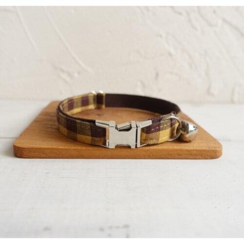 Pet Small Dog Collar BROWN YELLOW PLAID Adjustable Cat Nameplate ID 2 Sizes Poly Satin And Nylon Cat Collar Sash Small Bell