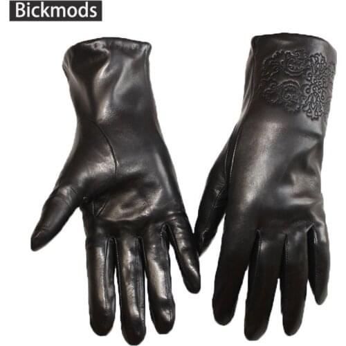 Leather gloves female high quality goatskin thin wool line lining spring and autumn warm womens business driving gloves