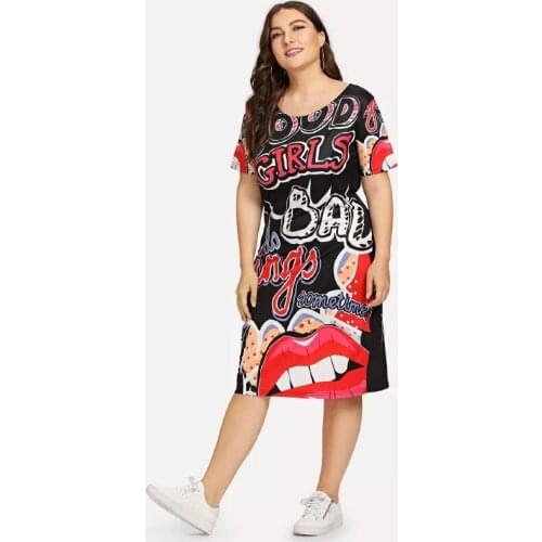 2020 Large size T-shirt dress womens funny print summer dress cartoon hip-hop lip letter dress size XL-5XL