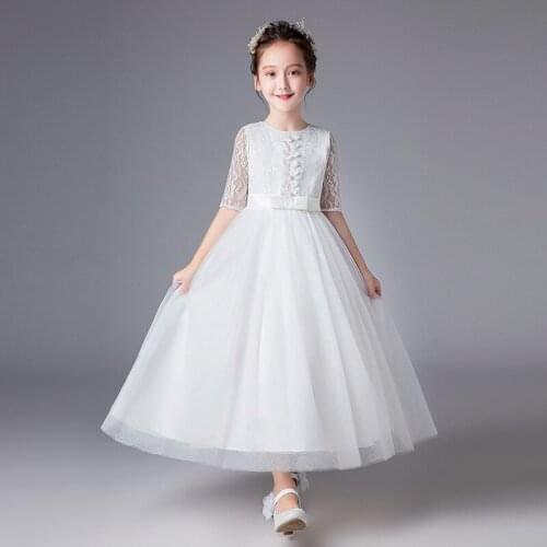 Little Girl Flower Girl Dresses With Bow Belt Ankle Length White Lace Kids Tulle Ball Gown pageant dresses for girls ESAN349