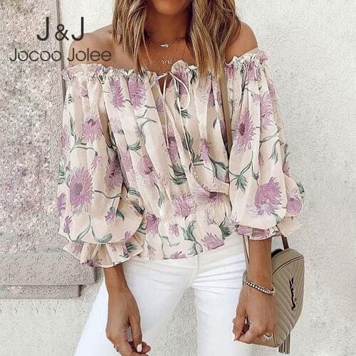 Jocoo Jolee Casual Lace Up Ruffles Chiffon Blouse Elegant Puff Sleeve Off Shoulder Floral Blouses Loose Shirts Slash Neck Tops
