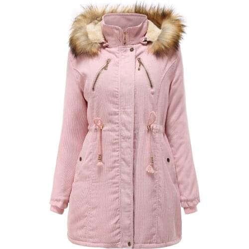 Casual Corduroy Thicken Parka Jacket Women Winter Coat With Fur Hood Fleece Lined Jacket Snow wear fashion overcoat