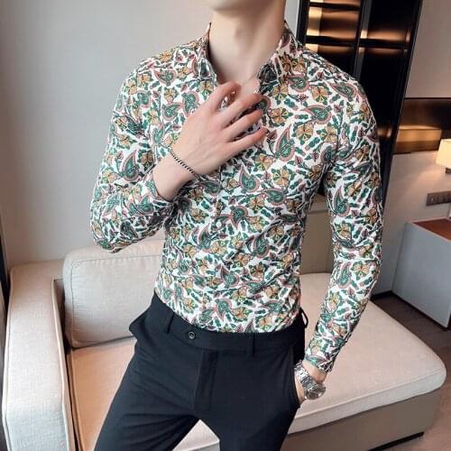 Vintage Print Men Shirt 2021 High Quality Long Sleeve Casual Shirt Formal Dress Shirts Slim Fit Streetwear Social Tuxedo Blouse
