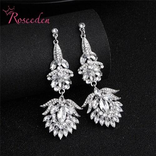 Bridal Beautiful Silver Color Leaf Long Earrings Sparkling Rhinestone Crystal Dangle Earrings For Women Wedding Jewelry RE3444