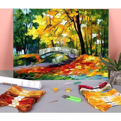 Fall Bridge Printed Water-Soluble Canvas 11CT Cross Stitch Complete Kit DIY Embroidery DMC Threads Painting Adults