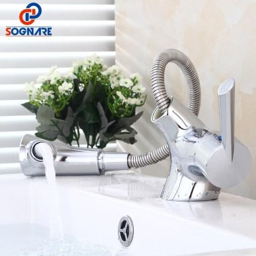 Pull Out Bathroom Kitchen Basin Faucet Single Handle Spray Sink Tap Hot And Cold Water Deck Mount Flexible Faucets Vanity Vessel