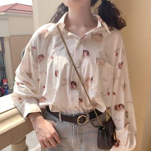 Harajuku Angel Print Womens Shirt Vintage Elegant Blouse Women Autumn 2021 Lantern Sleeve Female Clothes Loose BF Shirt