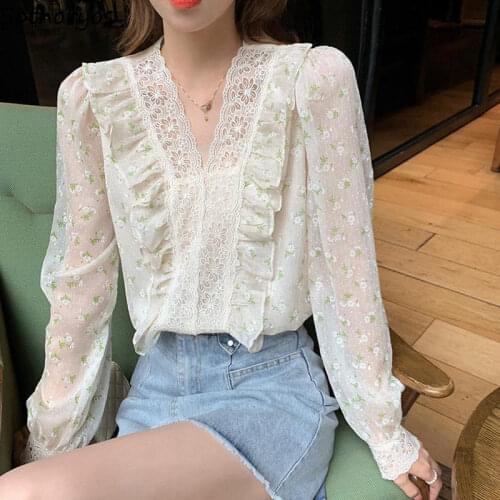 Women Blouses Floral Lace Ruffles Puff Sleeve Chiffon Stylish Sweet Lovely Female Temper Gentle All-match V-neck Elegant Retro