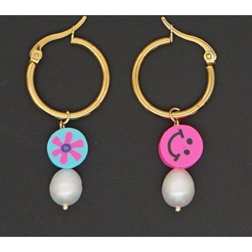 Go2Boho Cute Smiley Face Earrings 2021 Real Pearl Drop Dangles Earring For Women Jewelry Stainless Steel Hoop Summer Earing